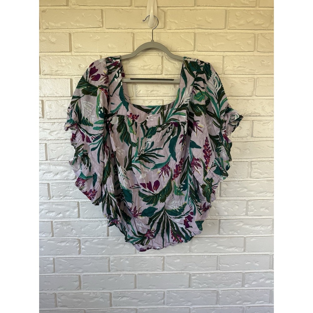 Terra & Sky Ruffle Sleeve Peasant Top 1X Tropical Floral Spring Cotton Flowy